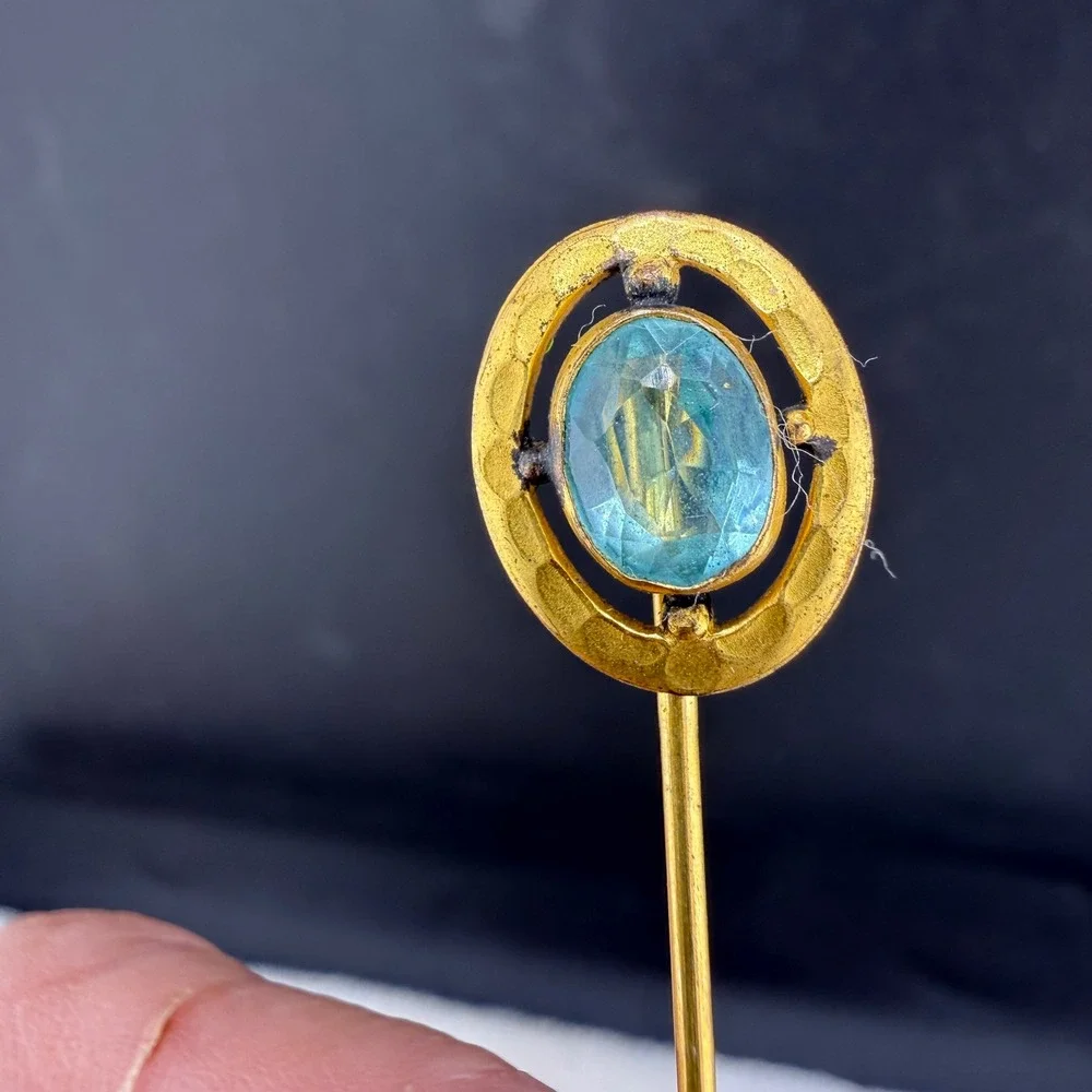 Vintage CPB Stick Pin Gold Tone Light Blue Oval Stone Hammered Circle